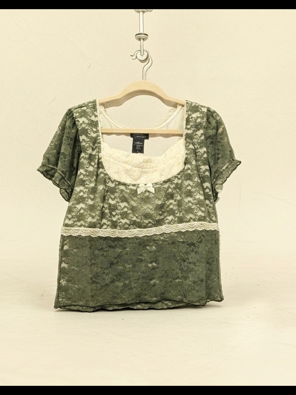 Thorn And Fable Olive Lace Overlay Women's Blouse with Ivory Trim